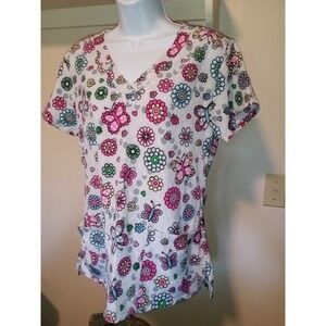 Divine Scrubs By JDM Women's Floral Butterfly Print Scrub Top‎ Sz Medium Stretch